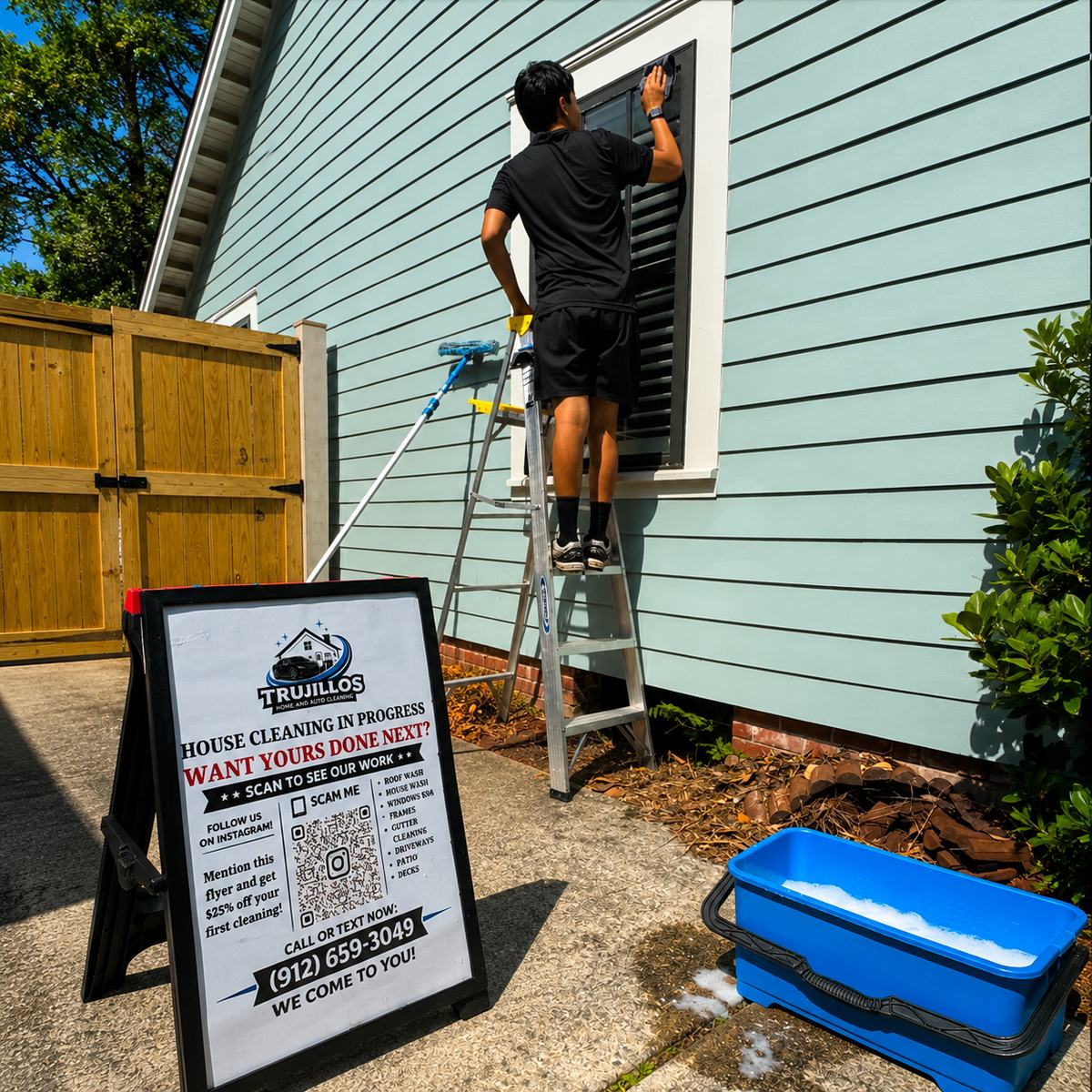 Trujillo's team member cleaning a home's window shutters from a ladder in Savannah, GA
